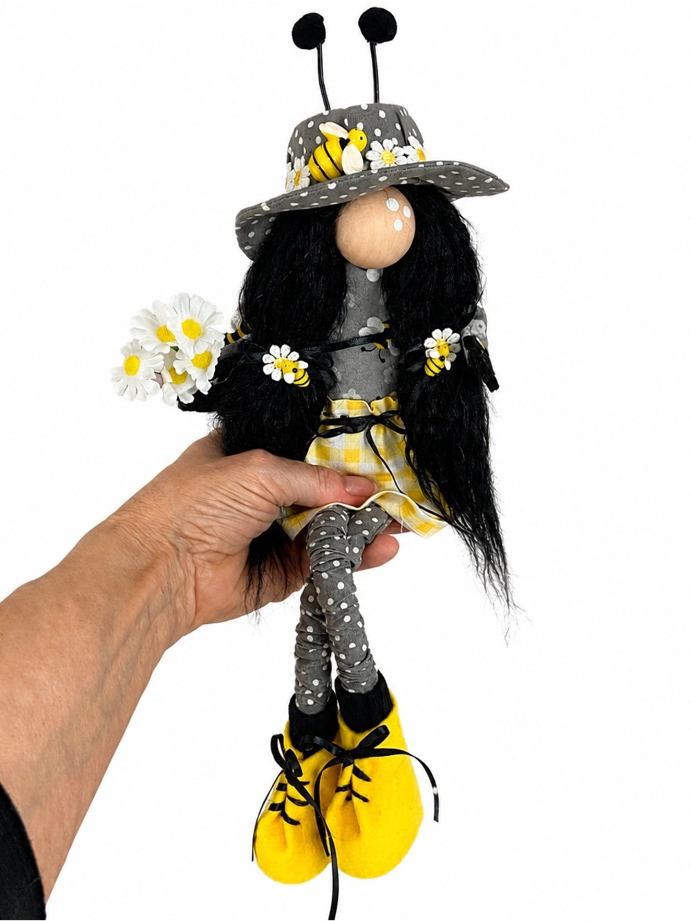 Handmade Sitting Bee Girl Gnome – Daisy Bumble Bee Shelf Sitter Decor